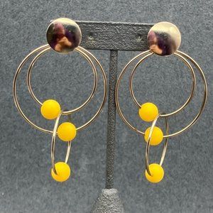 New Ave Pierced Dangle Earrings Triple Hoop Silver Yellow Sliding Bead 80S Retro